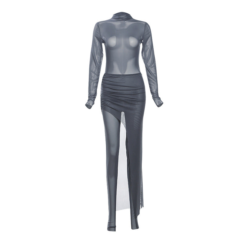 Fall Clothing Personality Round Neck Long Sleeve Slim Fit Slimming Jumpsuit Pleated Mid Length Skirt Set