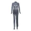 Fall Clothing Personality Round Neck Long Sleeve Slim Fit Slimming Jumpsuit Pleated Mid Length Skirt Set