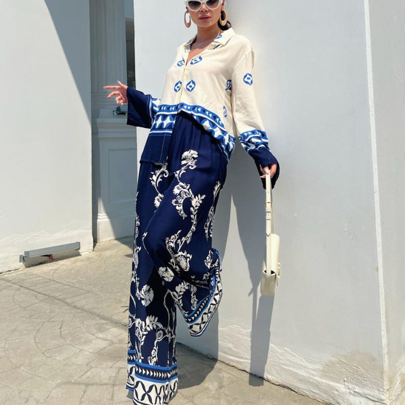 Clothing Positioning Printed Loose Long Sleeves Top Wide Leg Pants Two Piece Set