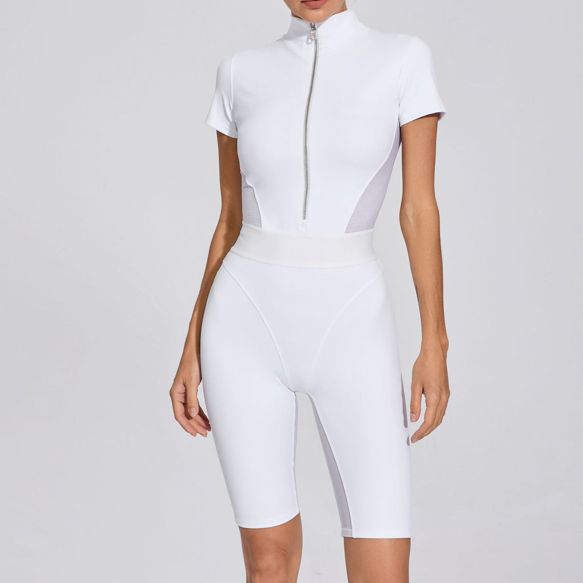 Tight Waist Open Collar Zipper Short Sleeve Yoga Jumpsuit Patchwork Fitness Tight Sports Jumpsuit