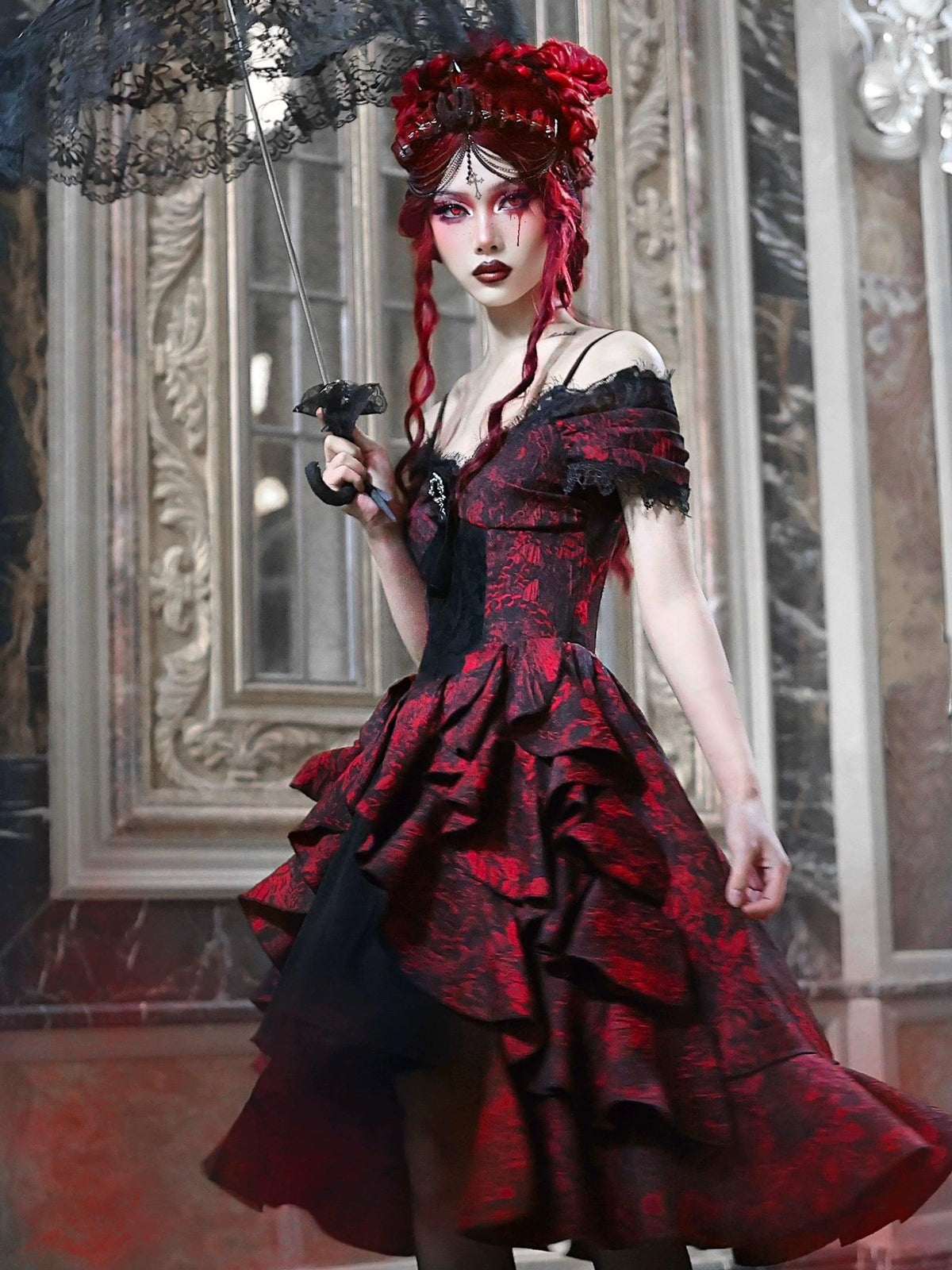 Gothic Victorian-inspired Off-shoulder Layered Dress