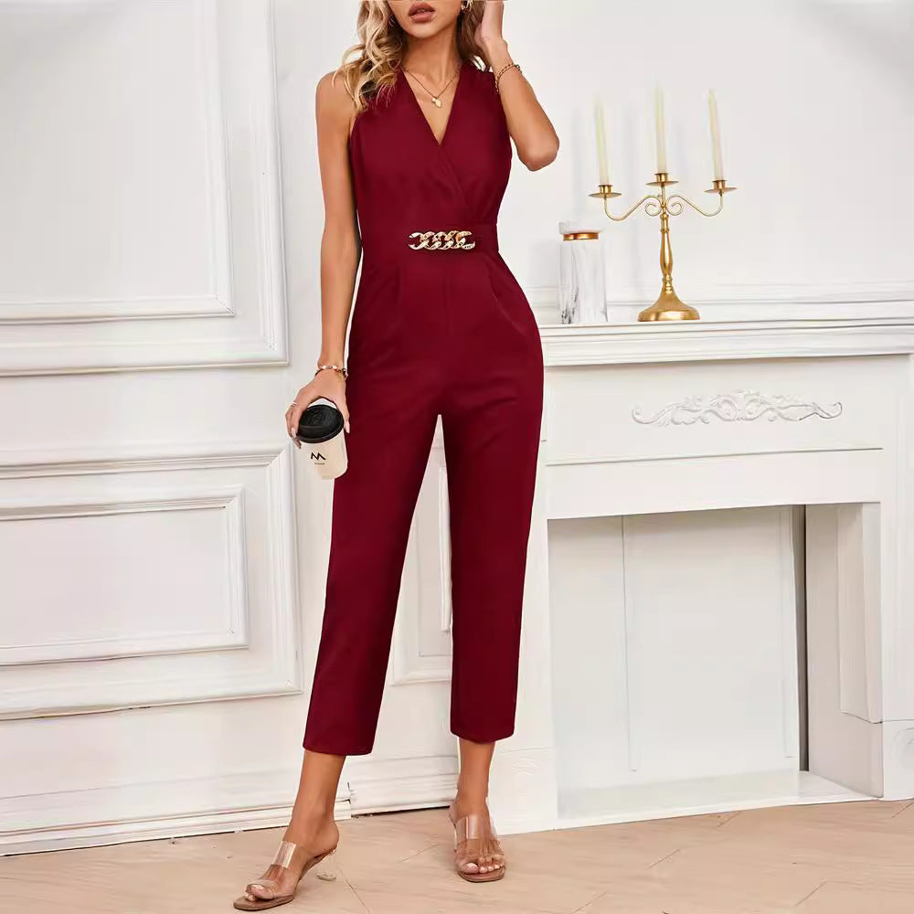 Cross Collar Golden Buckle Chain Color Office Skinny Sleeveless Pants Jumpsuit Pants