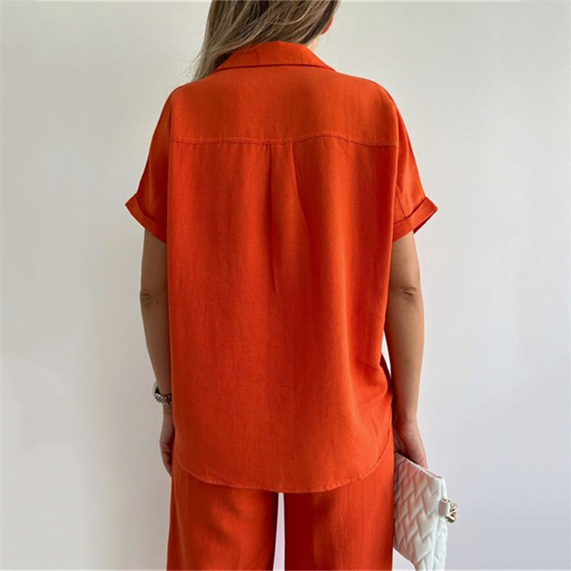 Wide Leg Pants Suit Spring Summer Loose Sleeve Shirt Top Trousers Two Piece Clothing