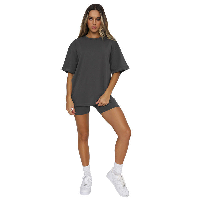 Summer Color Short Sleeve Round Neck Pullover Top Urban Shorts Suit
