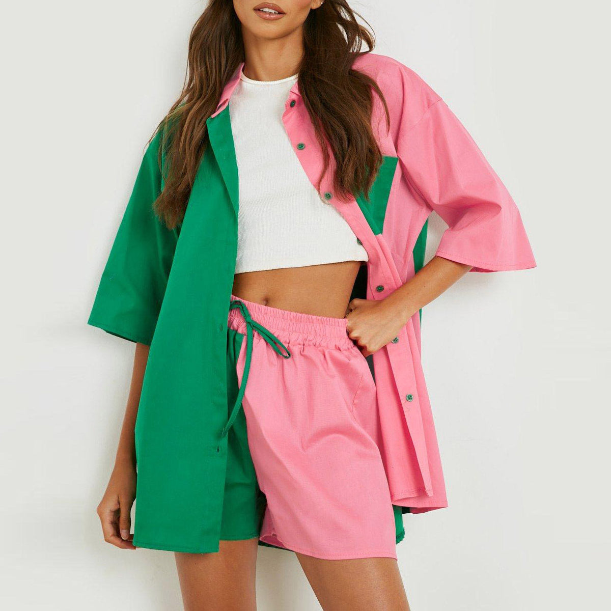 Spring Summer Set Color Matching Super Half Length Sleeve Shirt Top Elastic Waist Shorts Two Piece Set