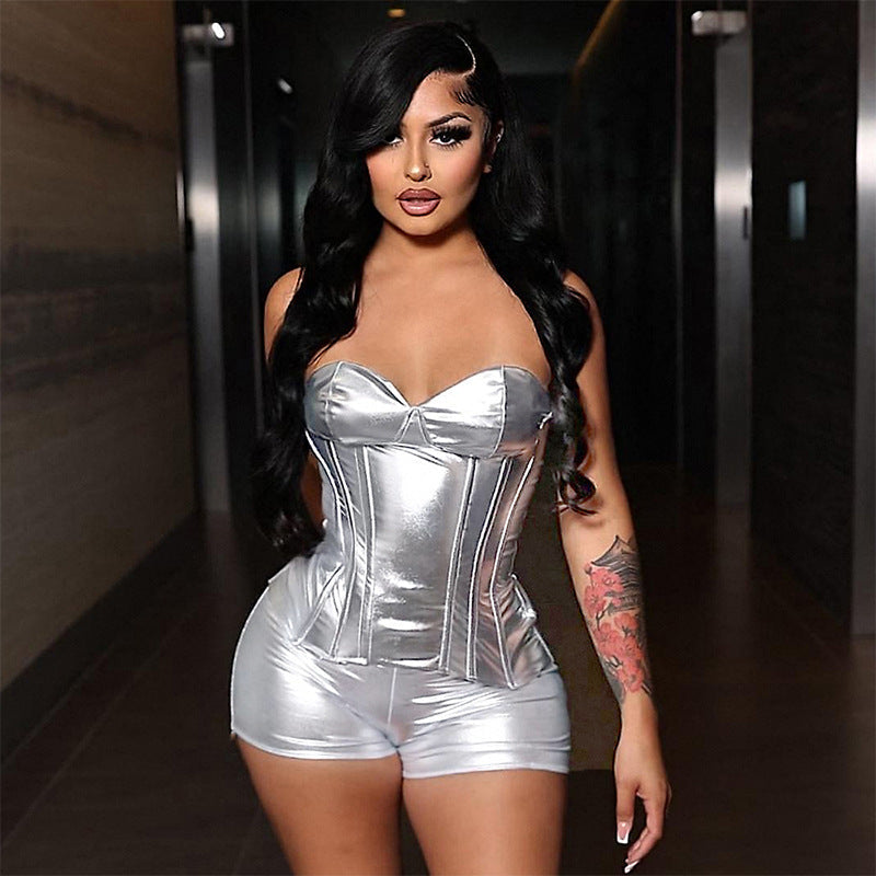 Spring Summer Faux Leather Metallic Body Shaping Tube Top Shorts Two Piece Set Clothing