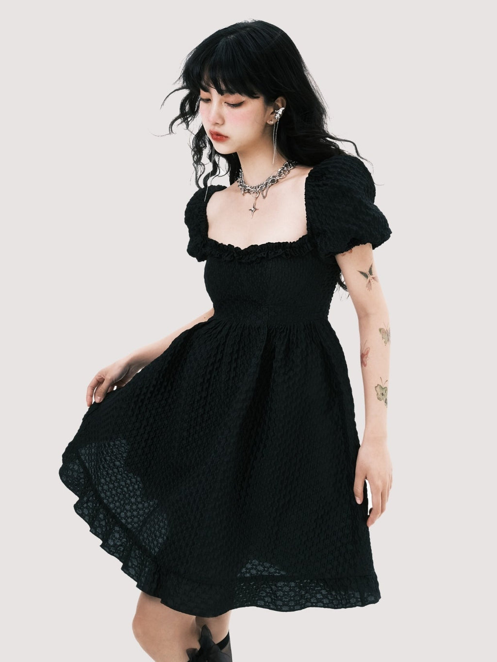 Square Neck Puff Sleeve Jacquard Dress