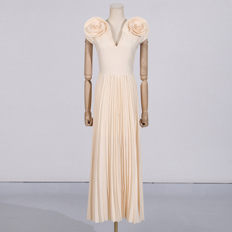 Socialite Large Formal Dress Early Spring V Neck High Waist Pleated Maxi Dress