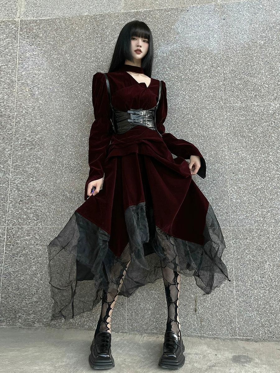 Ladyghost Gothic Victorian Maxi Dress - Burgundy Velvet and Black Mesh Layered Gown With Corset Belt