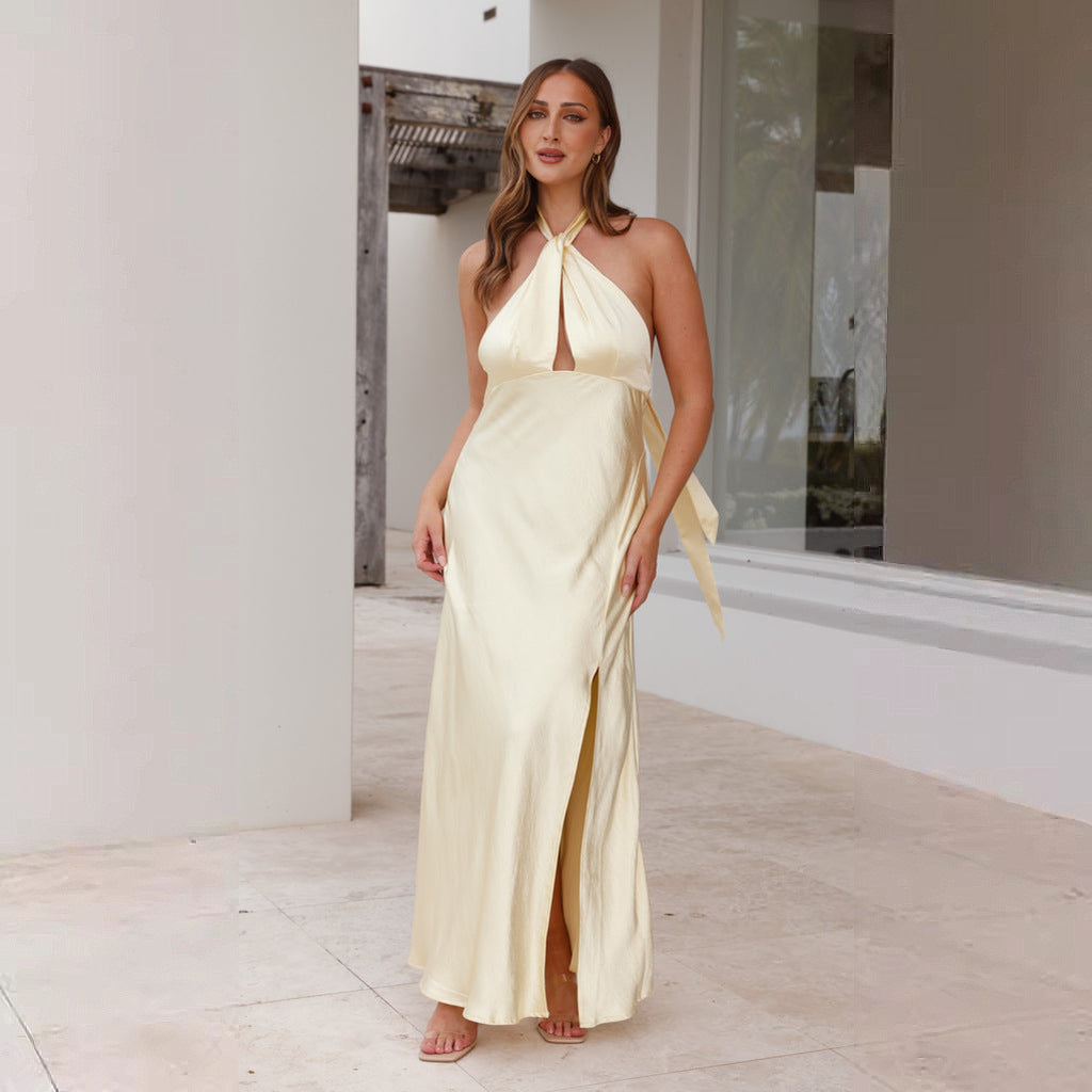 Clothing Color Split Midi Dress Halter Backless Maxi Dress