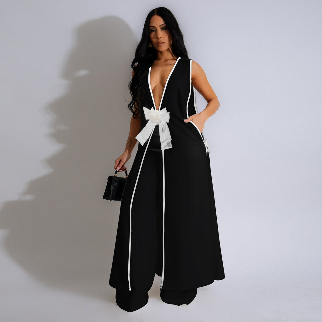 Camellia Bow Sleeveless Long Vest Wide Leg Pants Set