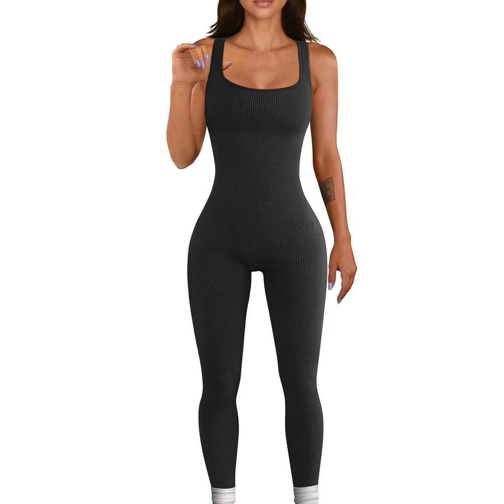 Summer Yoga Jumpsuit Ribbed Square Collar Sleeveless Sports Jumpsuit Trousers