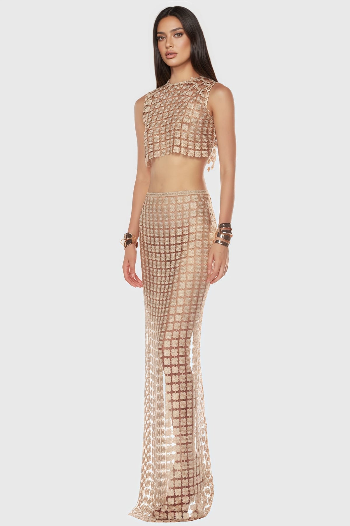 Noelle Sheer Plaid Fishtail Maxi Dress Two Piece Set