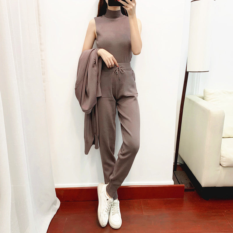 Autumn Fashionable Graceful Sets Clothing Western Youthful Looking Knitted Cardigan Vest Pants Three Piece Set