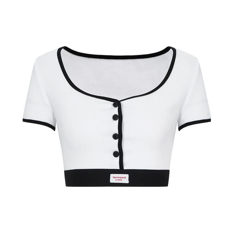 Black and White Contrast Trim Crop Top and Shorts Set