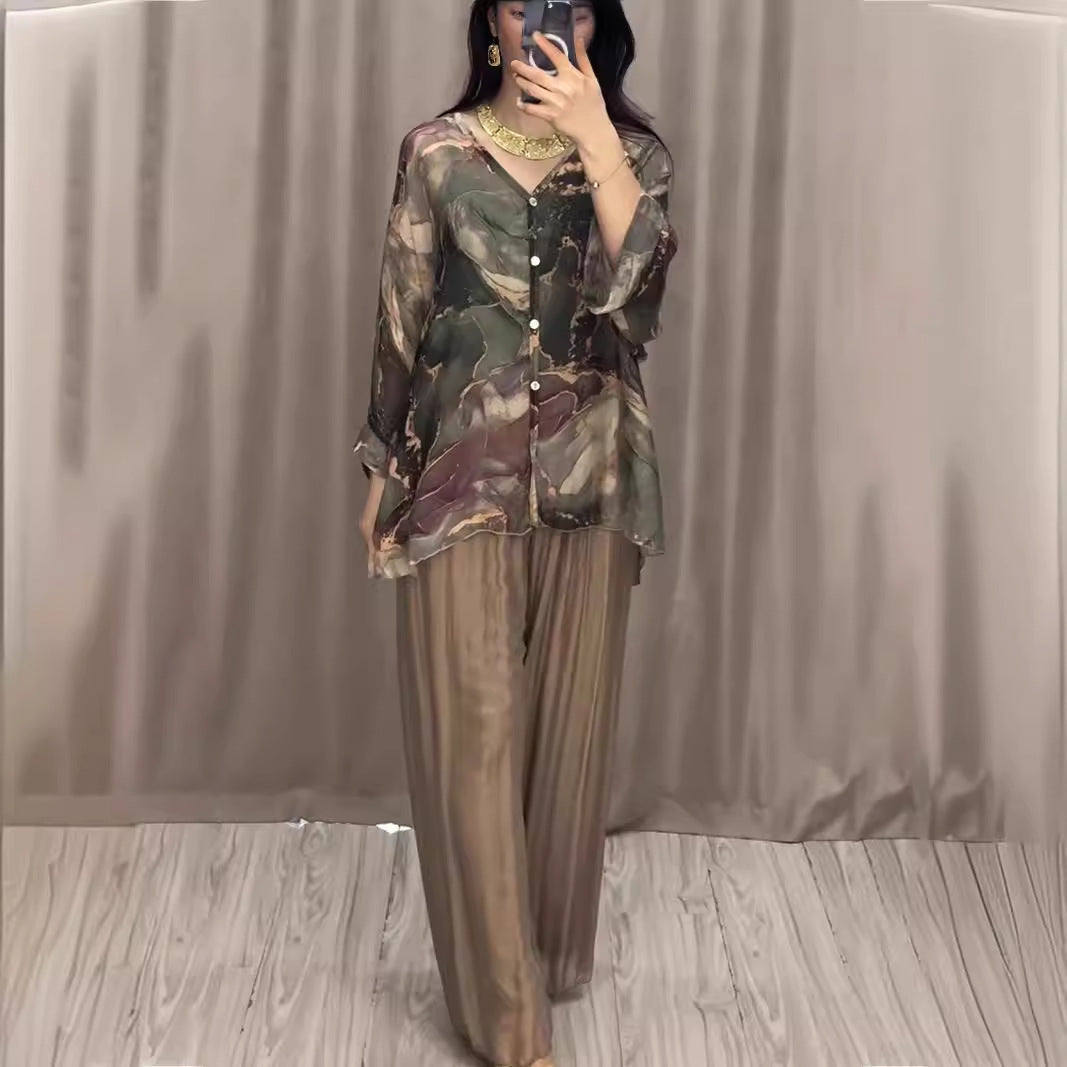 Spring Hand Painted Printed Shirt Top Wide Leg Pants Two Piece Clothing