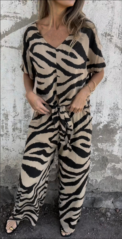 Spring Summer Zebra Pattern V Neck Lace Up Top Wide Leg Pants Two Piece Sets