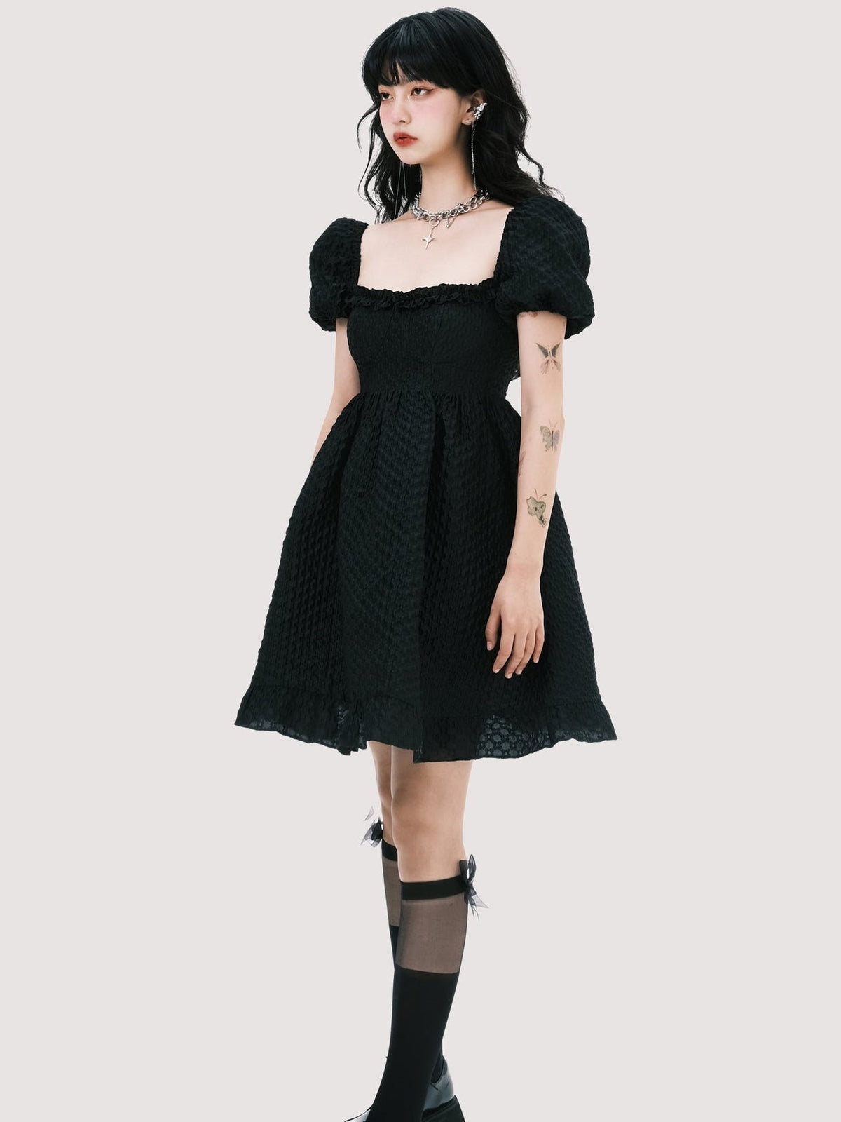 Square Neck Puff Sleeve Jacquard Dress