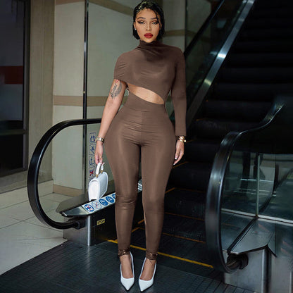 Clothing Autumn Winter Street Tight Fitting Color Irregular Asymmetric Cropped Exposed Jumpsuit Trousers
