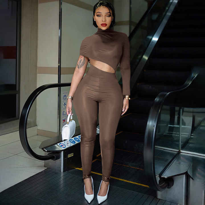 Clothing Autumn Winter Street Tight Fitting Color Irregular Asymmetric Cropped Exposed Jumpsuit Trousers