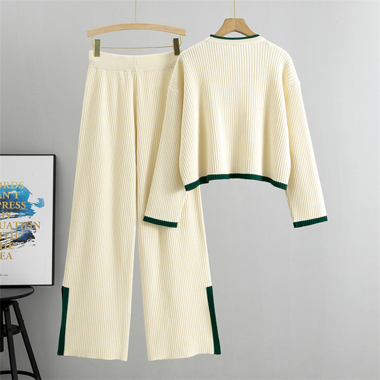 Apricot - Knitted Sweater Wide-leg Pants Two Piece Set