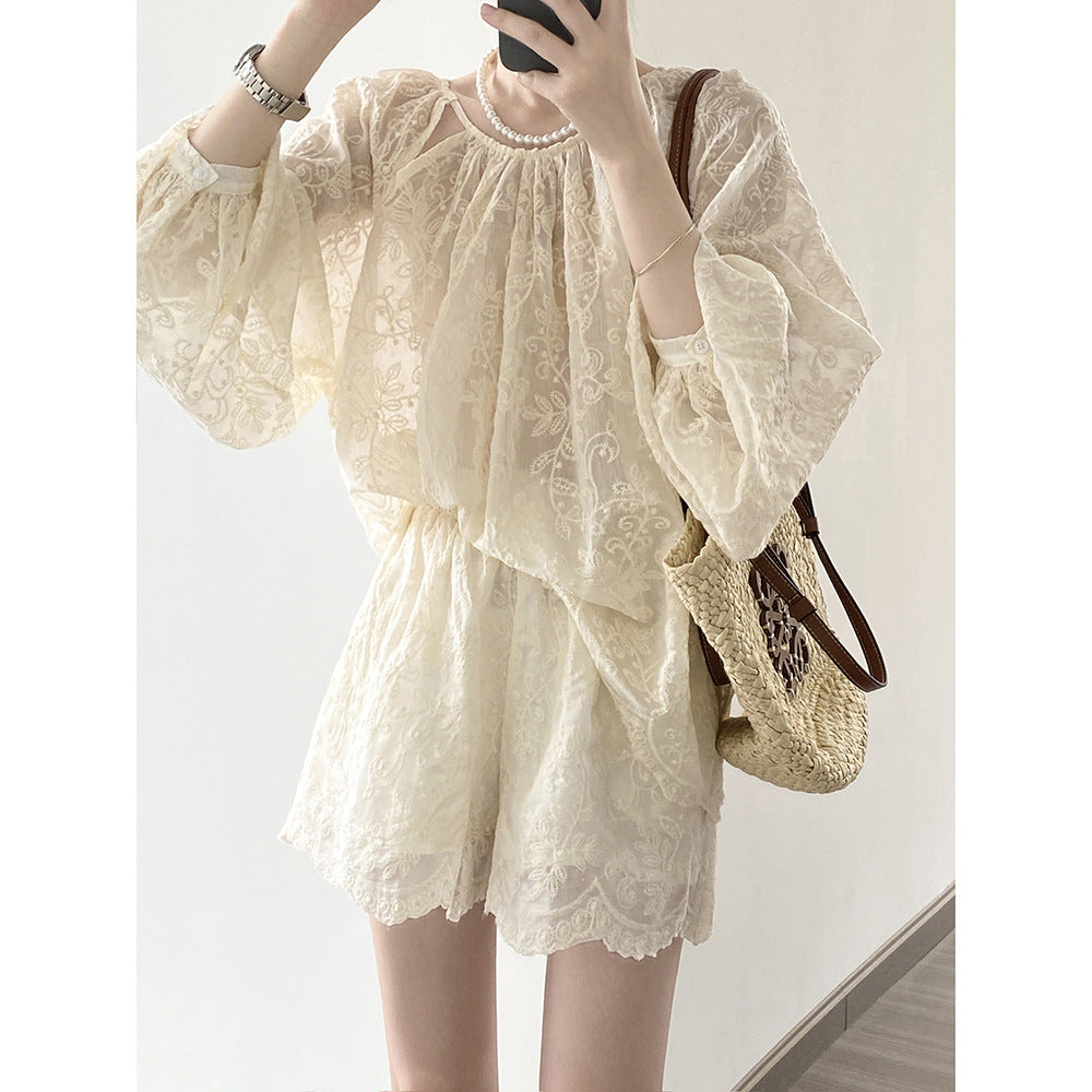 Tencel Embroidery Long Sleeve Set Summer Embroidery Top Shorts Two Piece Set