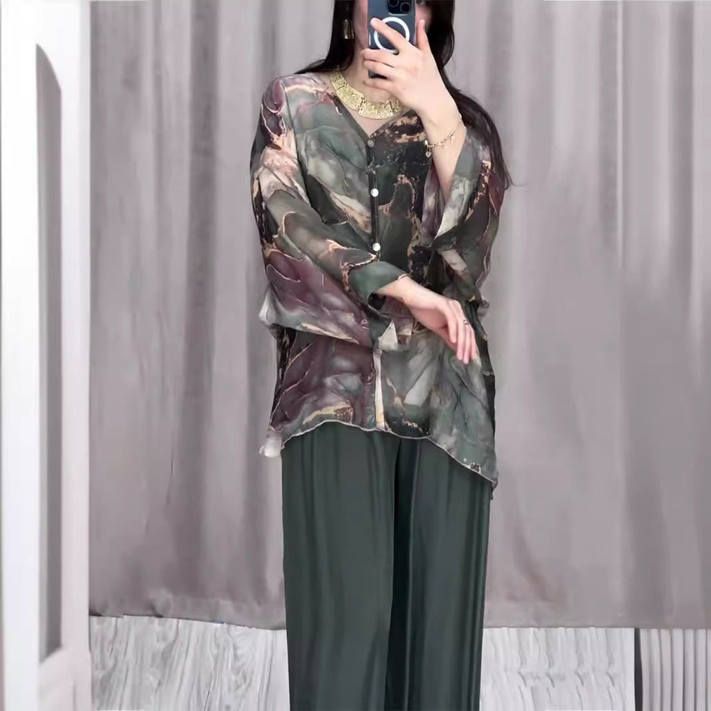 Spring Hand Painted Printed Shirt Top Wide Leg Pants Two Piece Clothing