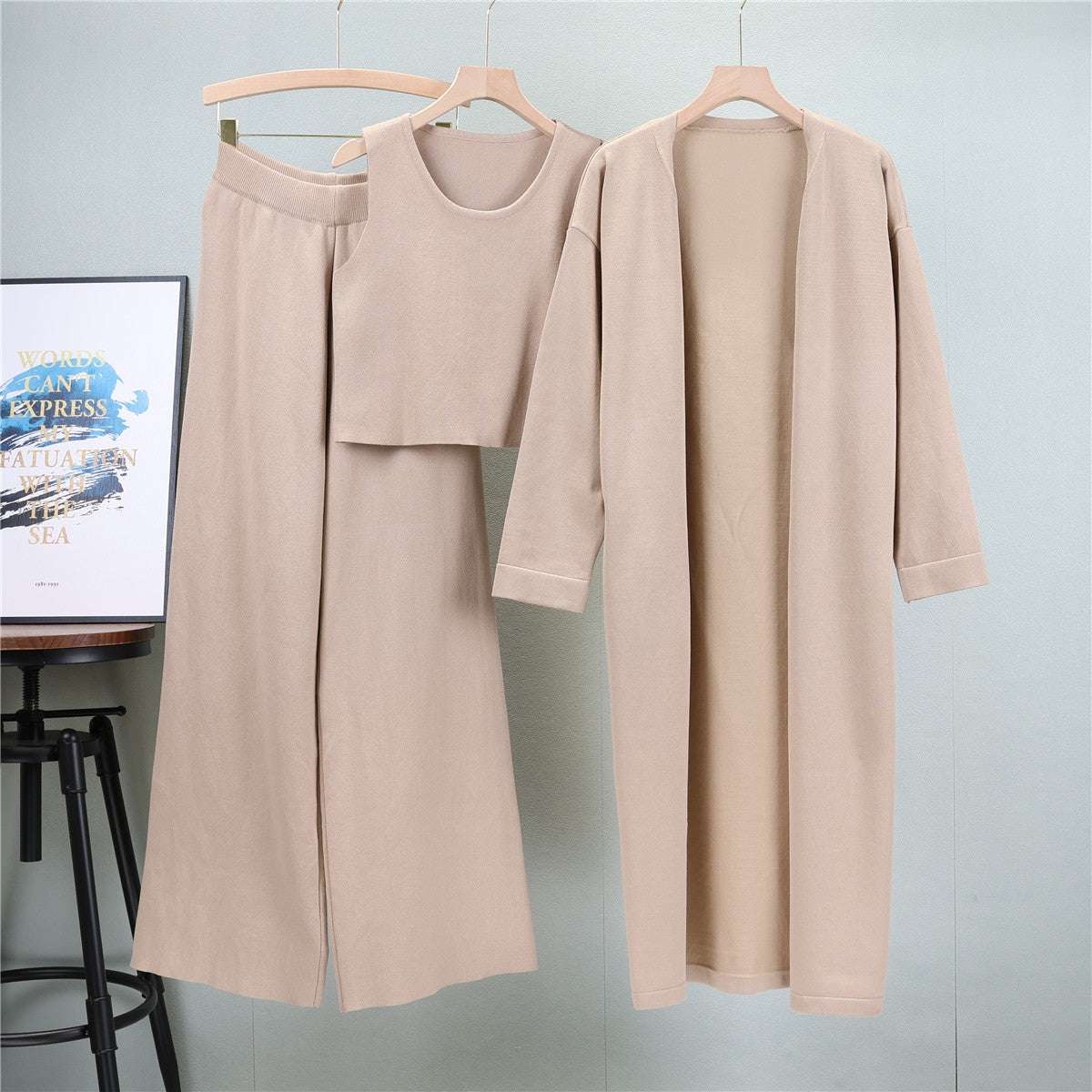 Khaki – Knit Shawl Cardigan Three Piece Set
