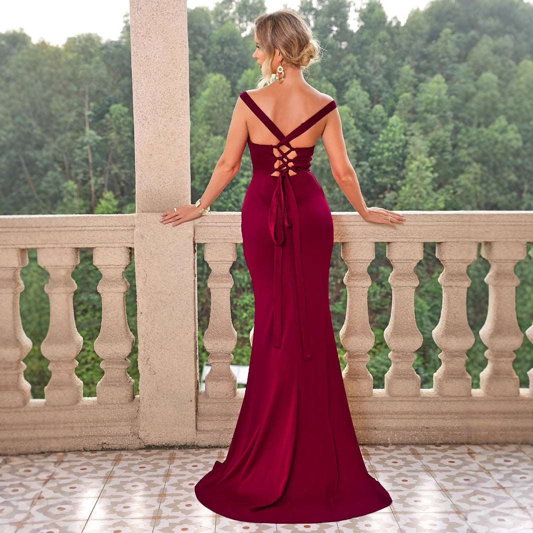Color Tied Backless Slit Camisole Gown Maxi Dress