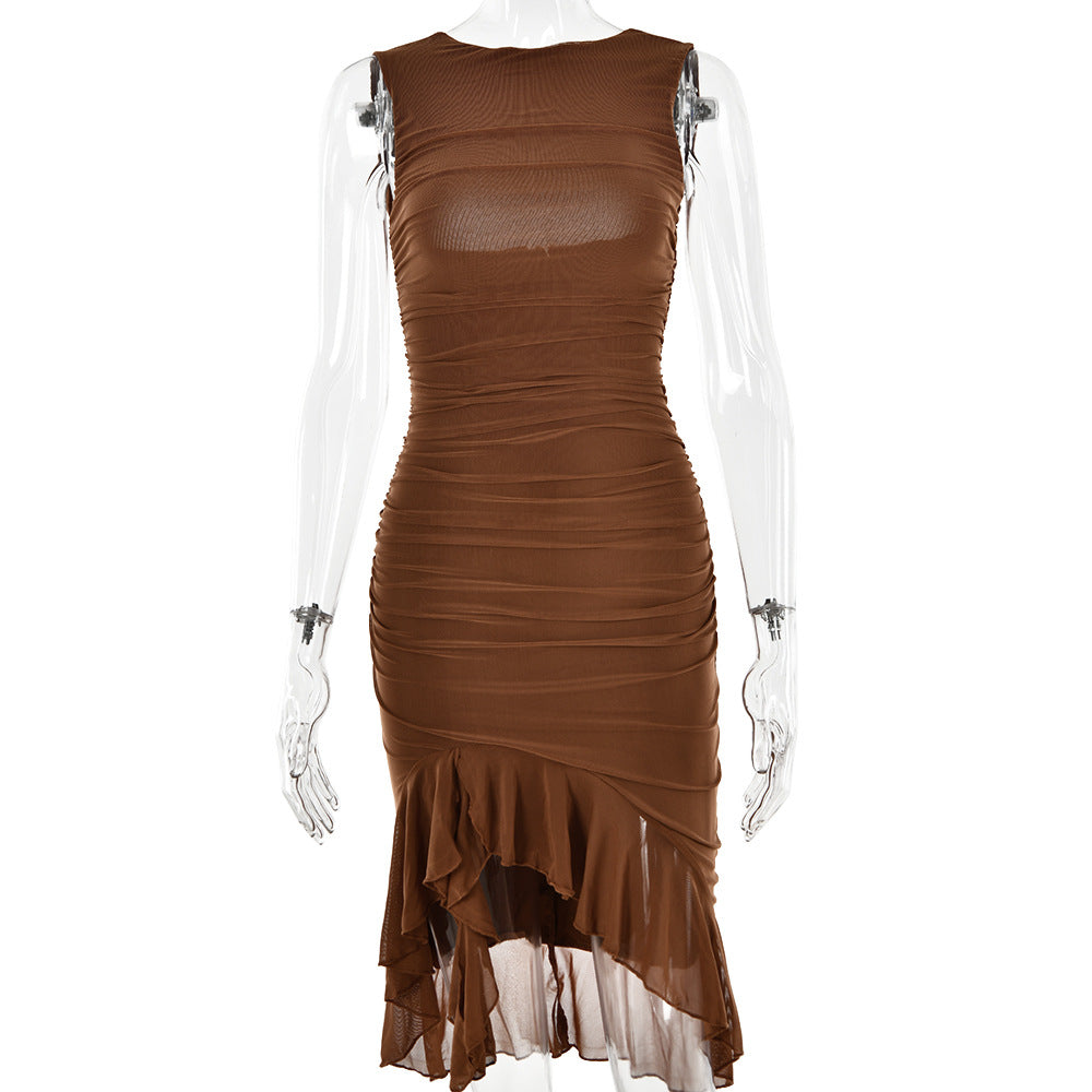 Spring Summer Round Neck Sleeveless Dress Tight Backless Pleated Midi Dress
