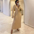 Autumn Winter Knitted Dress Waist Tight V Neck Big Pit Stripe Slimming Knitted Maxi Dress