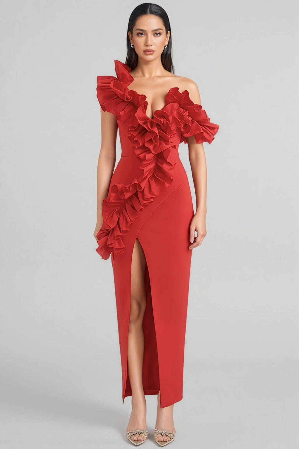Natal Red Ruffled Slit Maxi Dress