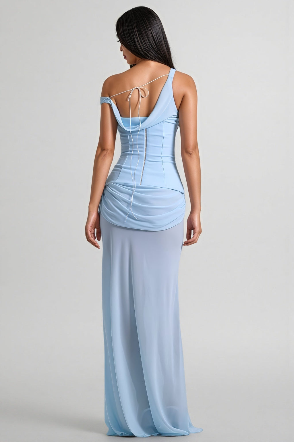 Lzada Blue Off Shoulder Waist Cinched Maxi Dress