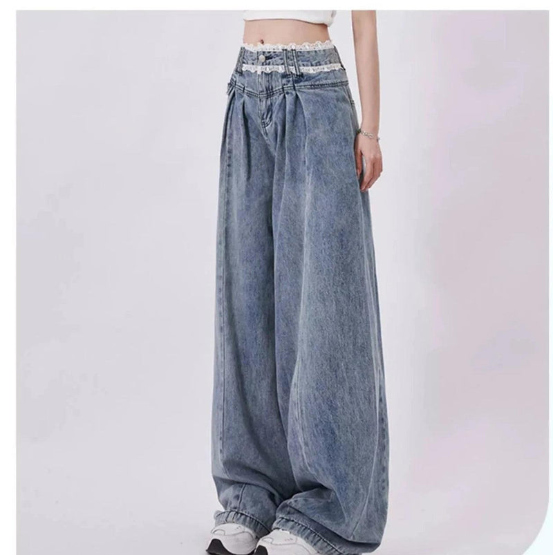 Rayohopp High-waisted Wide Leg Denim Jeans - Wash Pleated Palazzo Pants With Relaxed Fit