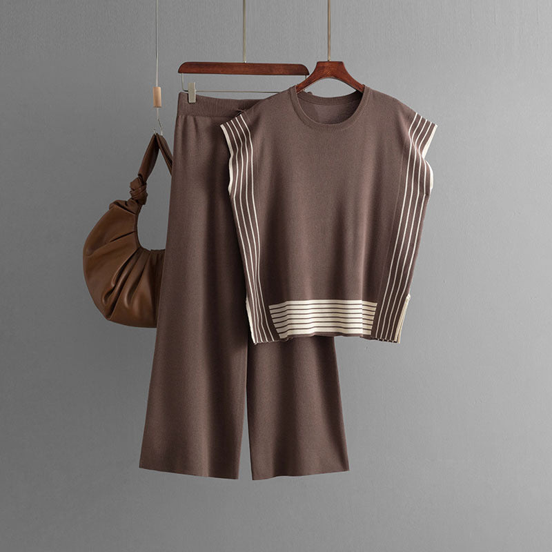 Suit Striped Patchwork Round Neck Loose Two Piece Dress of Knitted Sweater High Waist Straight Wide Leg Pants