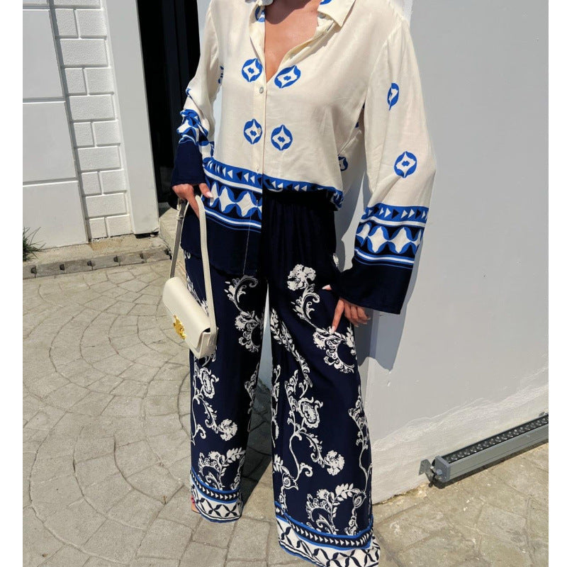 Clothing Positioning Printed Loose Long Sleeves Top Wide Leg Pants Two Piece Set