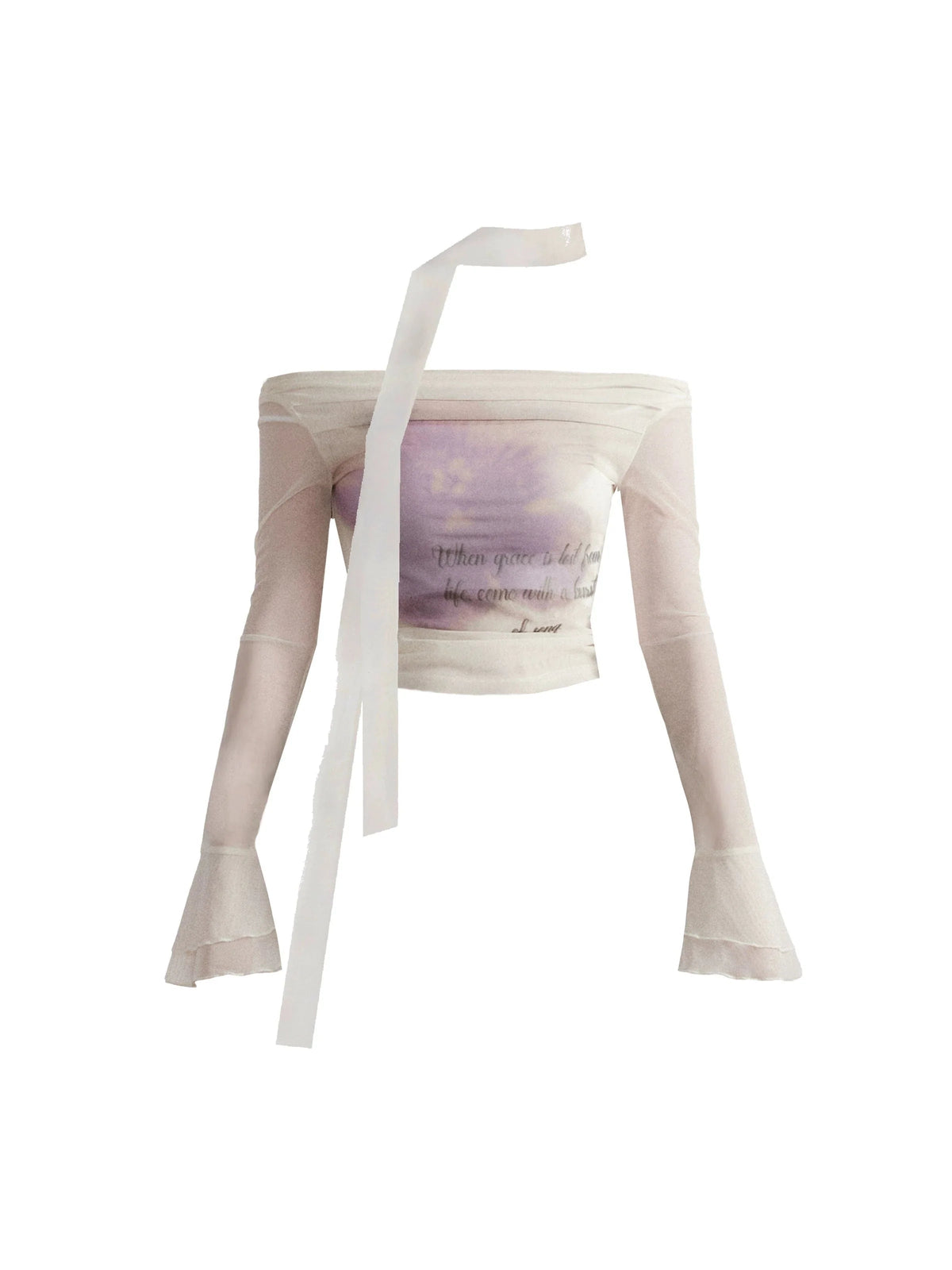 Ethereal Off-shoulder Crop Top - Sheer Long Bell Sleeve Blouse With Ribbon Tie and Watercolor Print