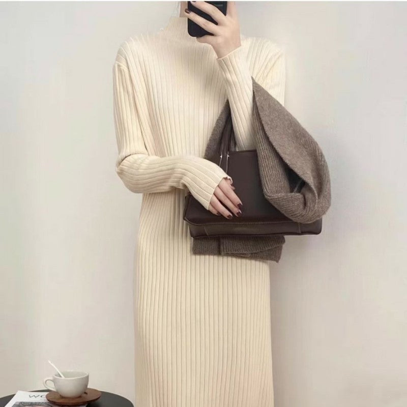 Autumn Winter Mock Neck Sweater Mid Length Below the Knee Coat Base Ride Tassel Dress Swing Knitted Dress
