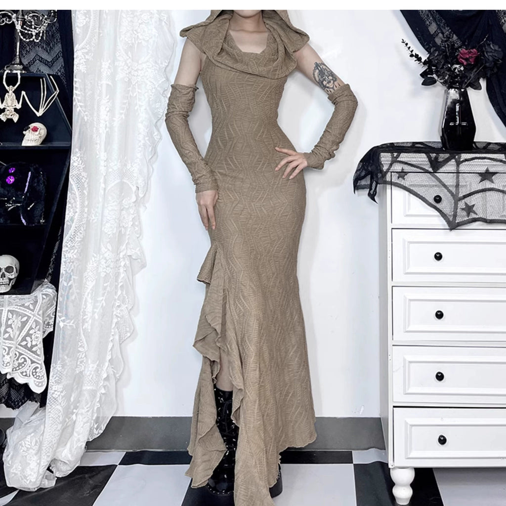 Wannathis Avant-garde Hooded Maxi Dress - Taupe Cold Shoulder Gown With Ruffle Detail