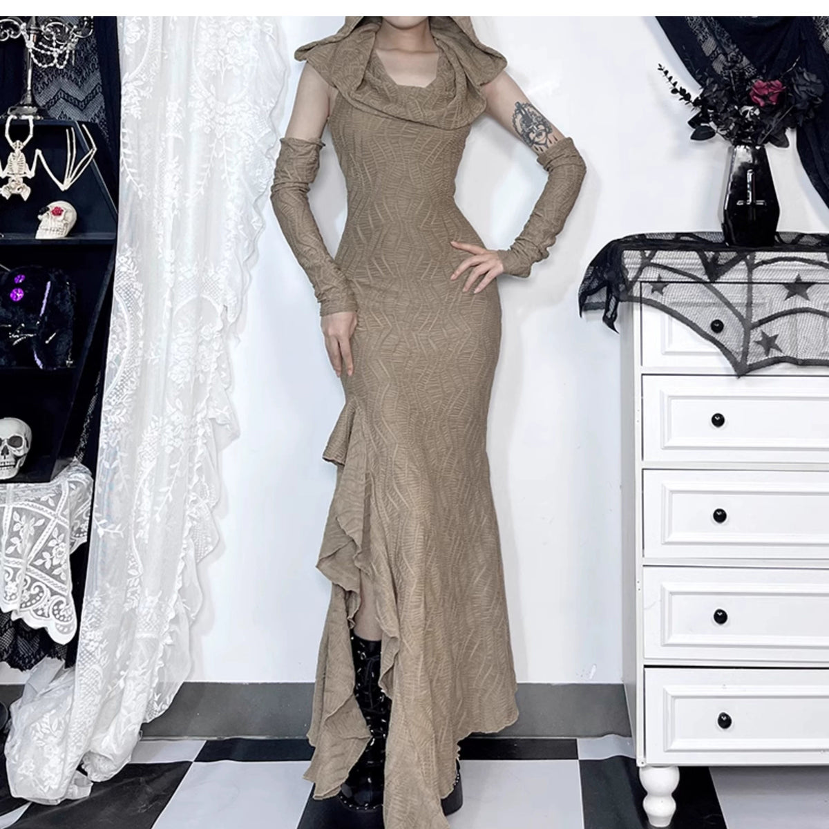 Wannathis Avant-garde Hooded Maxi Dress - Taupe Cold Shoulder Gown With Ruffle Detail