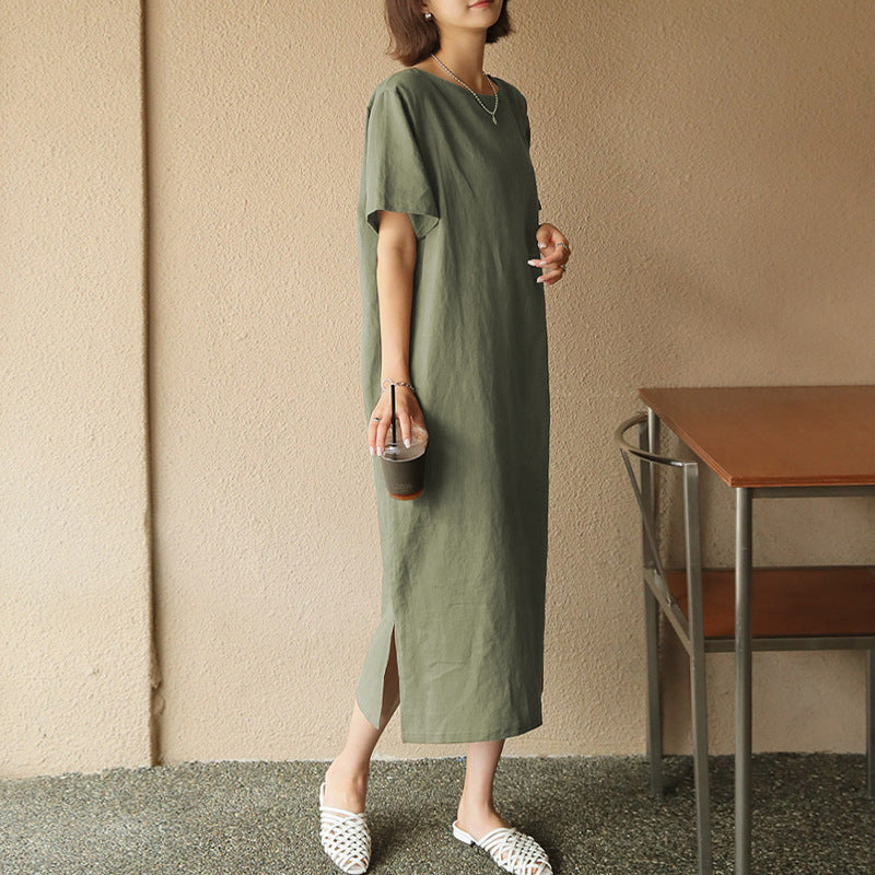 Spring Summer Dress Cotton Linen Niche Clothing Cotton Short Sleeve Simple Loose Maxi Dress
