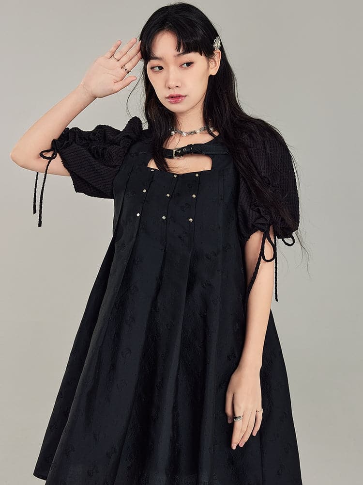 Black Leather Rivet Buckle Dress