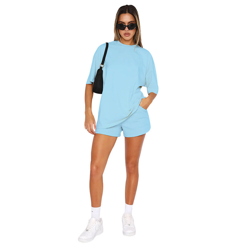 Color Round Neck Half Sleeve Pullover Top Clothing Shorts Suit Summer