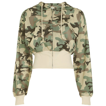 Contrast Color Cinched Hoodie Long Sleeve Sweatshirt Sweatpants Two Piece Camouflage Cardigan Coat Trousers Sets