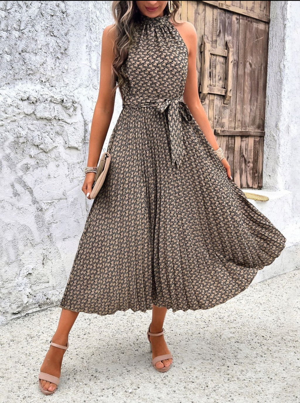 Patterned Sleeveless Halterneck Midi Dress With Waist Tie