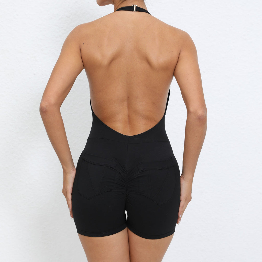 Halter Pocket Nude Feel Hip Lifting Beauty Back Yoga Jumpsuit Backless Fitness Sports Tight Jumpsuit