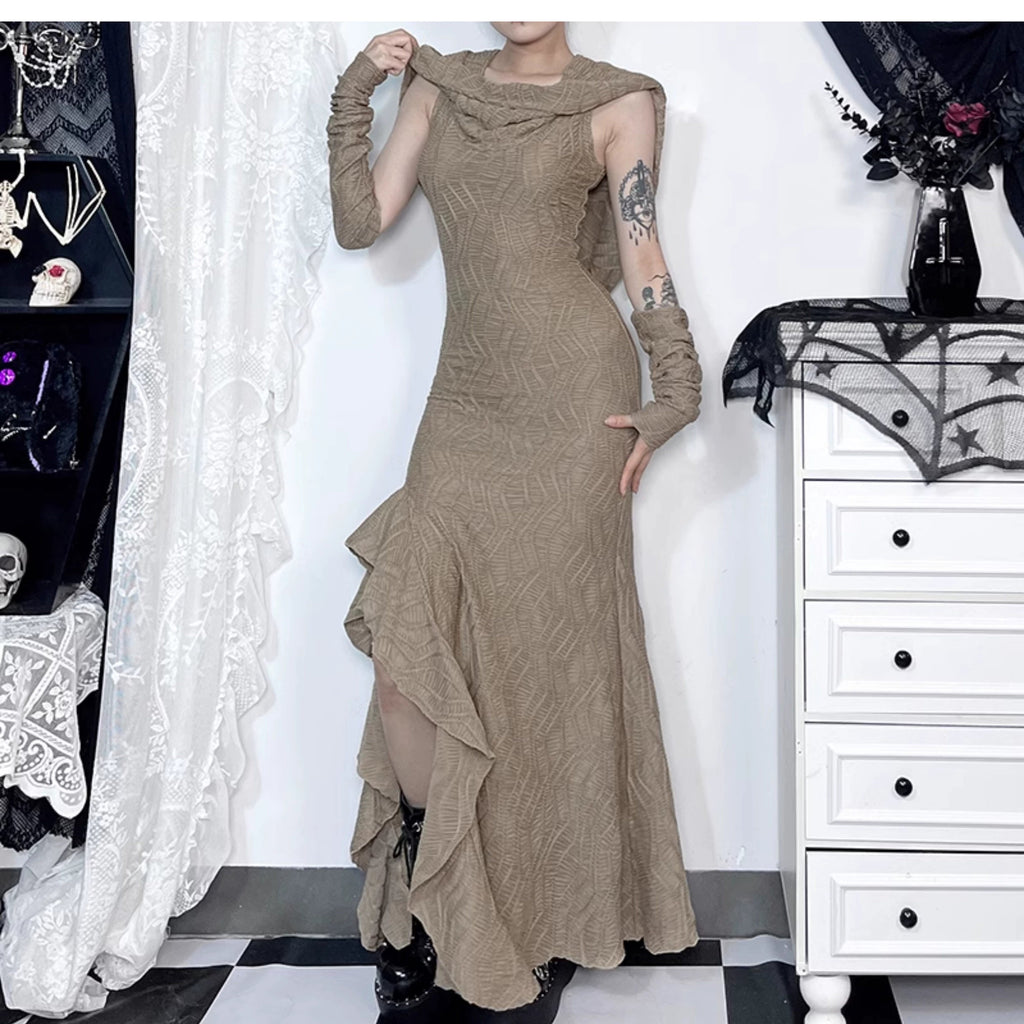 Wannathis Avant-garde Hooded Maxi Dress - Taupe Cold Shoulder Gown With Ruffle Detail