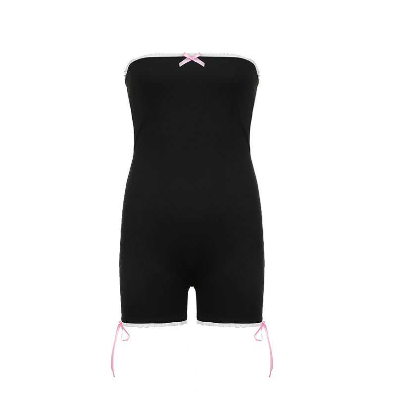 Summer Simplicity Bow Girl Lace Stitching Tube Top Jumpsuit Shorts