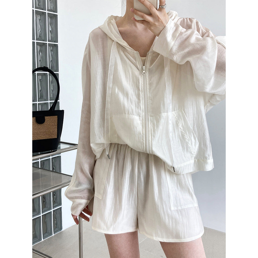 Hooded Tencel Sun Protection Clothing Shorts Two Piece Summer Thin Outdoor Sports Set