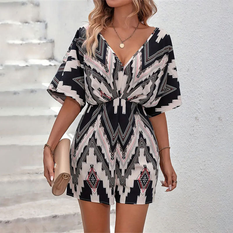 Clothing Printed V Neck One Piece Sleeve Loose Version Back Bandage Bow Jumpsuit Shorts Top